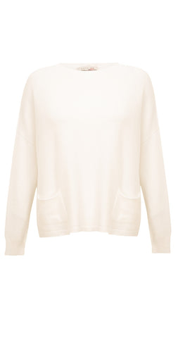 Ivory boat neck sweater with two front pockets