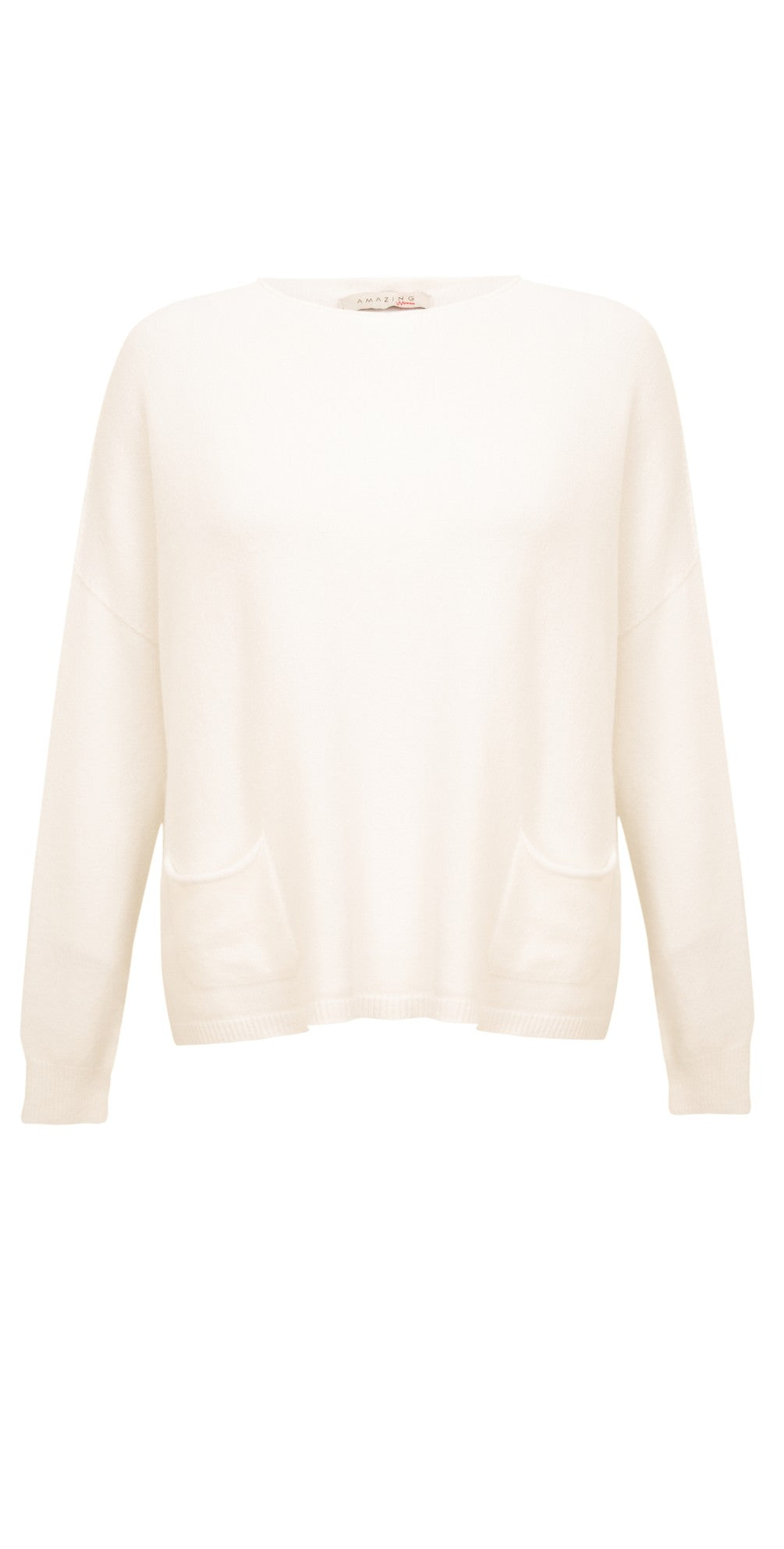 Ivory boat neck sweater with two front pockets