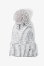 Load image into Gallery viewer, Light grey hat with silver star detail and faux fur pom pom hat