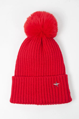 Bobble Hat with Silver Star | Red