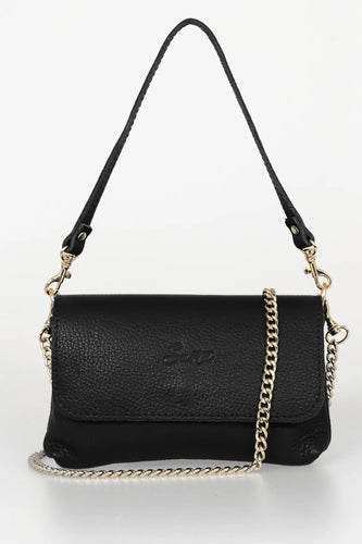 Small black leather shoulder handbag with a short leather strap and a long gold chain strap 