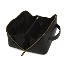 Load image into Gallery viewer, Black vanity case with a zip up section , two large storage sections and handy pockets. It has a gold zip and gold bee detail 
