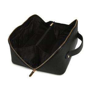 Black vanity case with a zip up section , two large storage sections and handy pockets. It has a gold zip and gold bee detail 