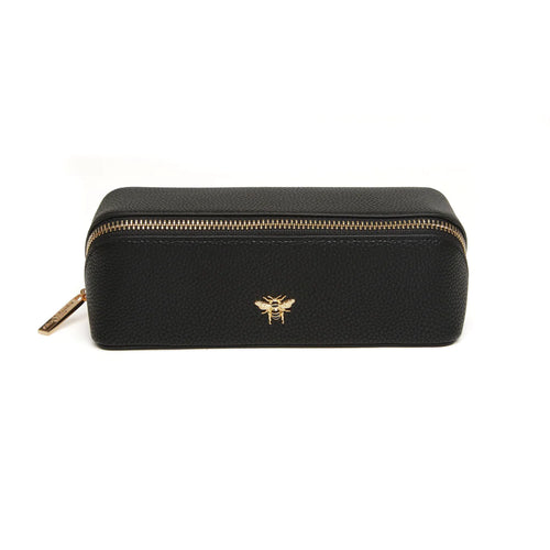 Small black vanity case great for makeup and brushes. Luxury vanity case in black with small bee detail on the front