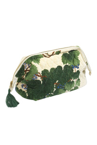A velvet zip up pouch bag in a Japanese  acer  print. Green leaves on Cream