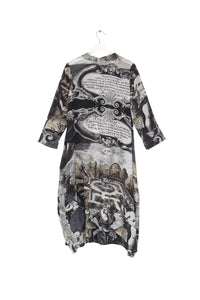 A print dress that features images of gardens and sculptures inspired by the Palace of Versailles and Louis XIV The Sun King. Carefully coloured in tones of black, grey and subtle green