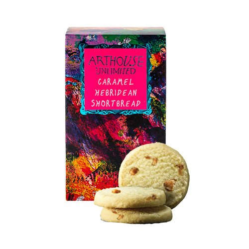 shortbread is perfectly balanced with caramel pieces and a crumbly melt in the mouth sensation all packed in vibrantly designed by the artists at Arthouse Unlimited