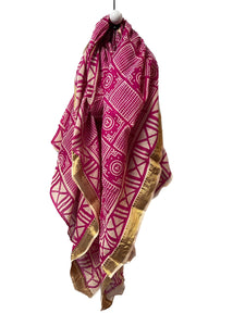 Bright pink square and circle block printed scarf with a gold border made in India - perfect as a sarong too