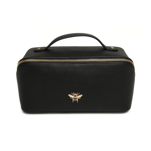 Black vanity case with a zip up section , two large storage sections and handy pockets