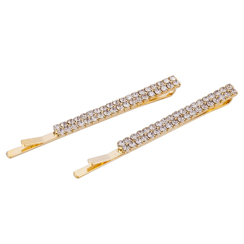 Crystal hair slides. A double row of crystals on a gold hair slide. Comes as a pair.