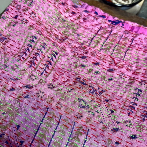 Kantha silk scarf with one size pink and one side patchwork