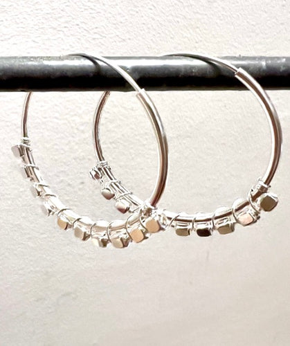 Large square bead detailed sterling silver hoops