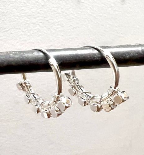 Sterling Silver hoop earrings with small cube beads