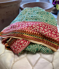 Load image into Gallery viewer, Green and Pink summer scarf with gold detailed border 