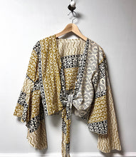 Load image into Gallery viewer, Indian wrap cotton top with a block printed design in black and mustard