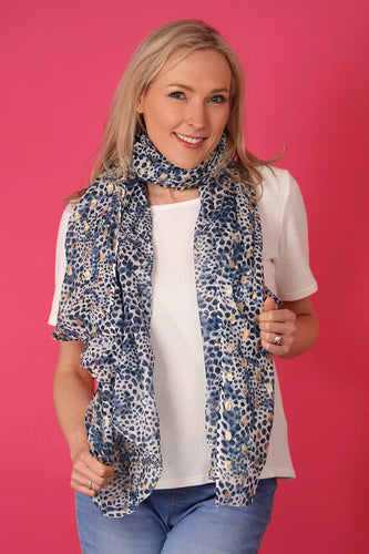 A light weight scarf with a blue animal  print design and pretty gold metallic spots.