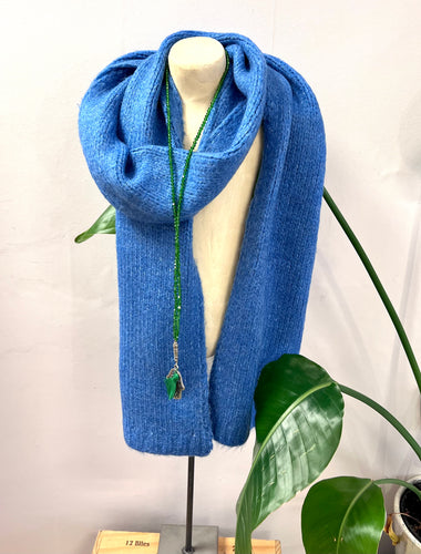 Bright blue ribbed knit scarf