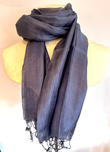 Slate grey fine 100% silk scarf with delicate woven tassels