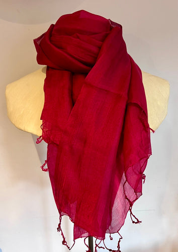 Fine silk scarf - ruby red - with delicate woven tassels