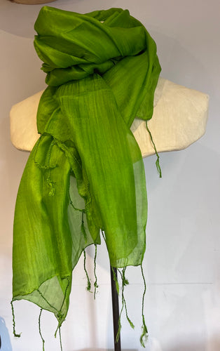 Lime green fine silk scarf with delicate woven tassels at each end.