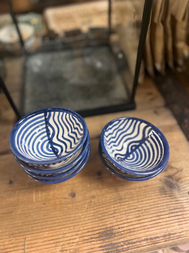 Ceramic bowls handmade in Morocco with blue wavy lines on white