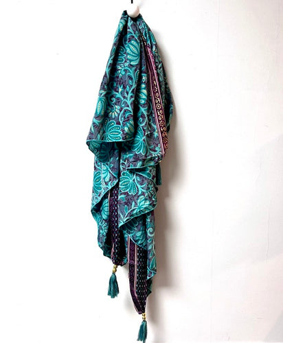 Bright turquoise with mauve scarf or sarong - made in India 70% silk 30% viscose