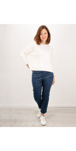 ivory  boat neck sweater with two front pockets