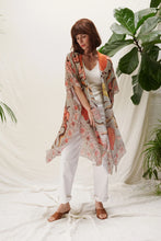 Load image into Gallery viewer, A lightweight kimono in grey with bold florals in rich orange, yellow and brown