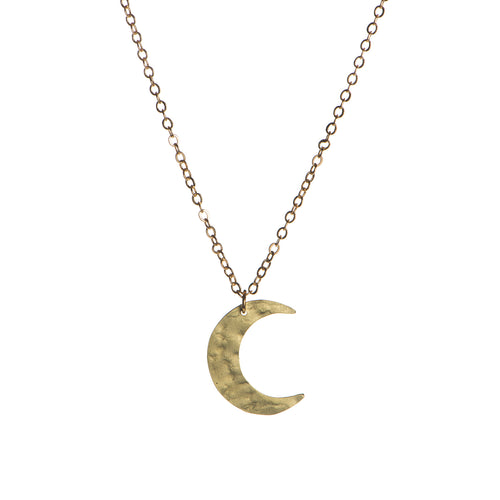 Hammered brass crescent moon on a gold plated chain - fair trade jewellery from Just Trade