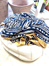 Load image into Gallery viewer, Navy block printed fish design scarf with a woven gold edge. 100% cotton