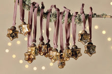 Load image into Gallery viewer, Small gold recycled glass star baubles on velvet ties