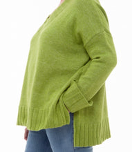 Load image into Gallery viewer, Kiwi green jumper with v neck and chunky ribbing