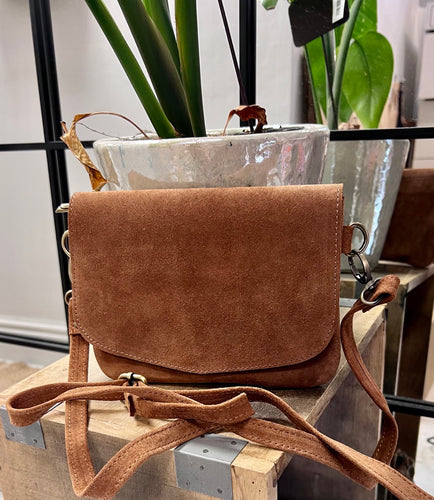 Small suede crossbody bag in tan - handmade in Morocco
