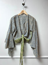 Load image into Gallery viewer, Indian wrap top with flared arms in blue and green block print