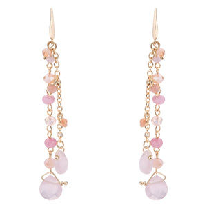 A pair of earrings made up of cascading pink gem stones on gold chains.