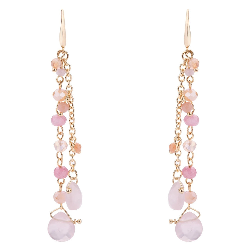 A pair of earrings made up of cascading pink gem stones on gold chains.