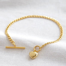 Load image into Gallery viewer, A fine curb chain bracelet with a t bar fastening and a little three dimensional heart
