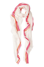Load image into Gallery viewer, A lightweight cotton scarf which is very soft to the touch and has a delicate drape. In a cream colourway it features a bright pink and an orange herringbone stripe to the edge lengthways. With subtle fringing to each end. 