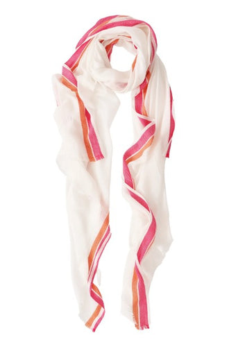 A lightweight cotton scarf which is very soft to the touch and has a delicate drape. In a cream colourway it features a bright pink and an orange herringbone stripe to the edge lengthways. With subtle fringing to each end. 