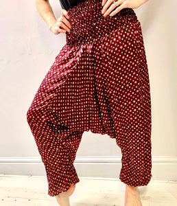 Wine red patterned silk pants