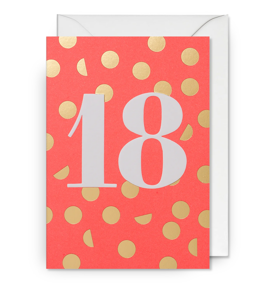 Neon orange card with gold dots and 18 large in white