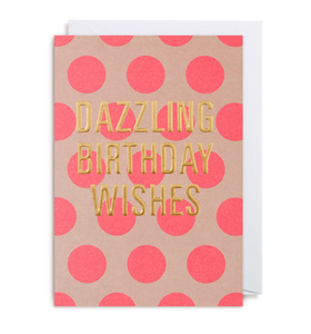 A bright card in mauve with shocking pink dots and gold wording.