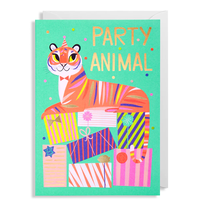 A colourful card of a tiger on a pile of presents in bright colours. Perfect for any age.
