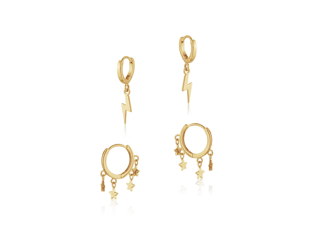 2 pairs of earrings - one lightening bold huggie hoops, one hoops with stars