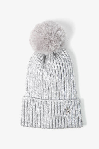 Light grey hat with silver star detail and faux fur pom pom hat