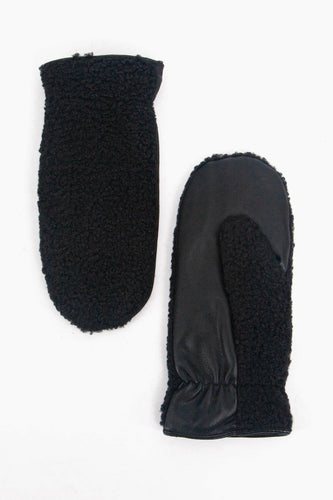 Black faux sheepskin backed mittens with a soft faux leather palm