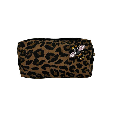 Leopard print cotton make up bag with a stunning bee made up of various coloured crystals