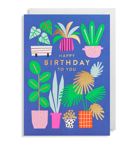 A bright blue card with a range of house plants in colourful pots