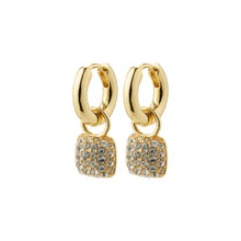 Load image into Gallery viewer, Gold huggie hoops with crystal encrusted square drops