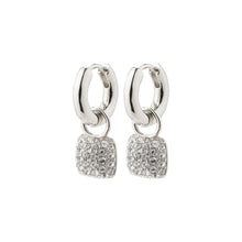 Load image into Gallery viewer, Crystal encrusted square drops, falling from chunky huggie earrings - silver plated.
